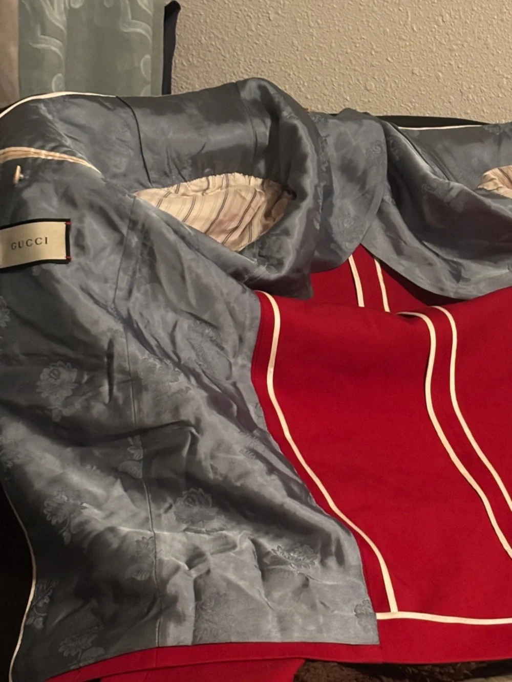 Gucci Red Blazer with Black Shawl Collar and Branded Sleeve Bands